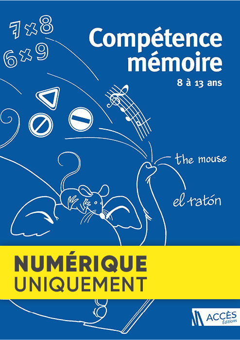 Couverture du livre pédagogique Compétence Mémoire 8 à 13 ans sur laquelle un éléphant et une souris s’amusent avec un livre.