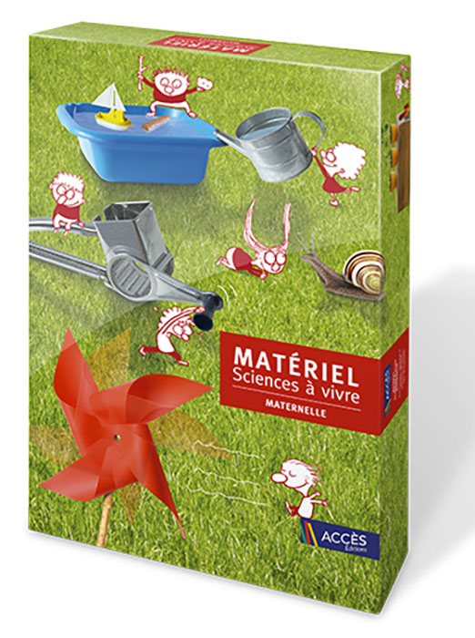 Coffret Sciences à vivre maternelle illustré par des dessins d'enfants interagissent et expérimentent avec divers objets.