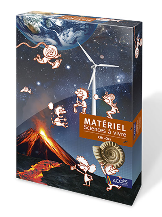 Coffret Sciences à vivre CM1-CM2 illustré par un volcan en éruption, la Terre vue de l'espace et des enfants qui jouent.