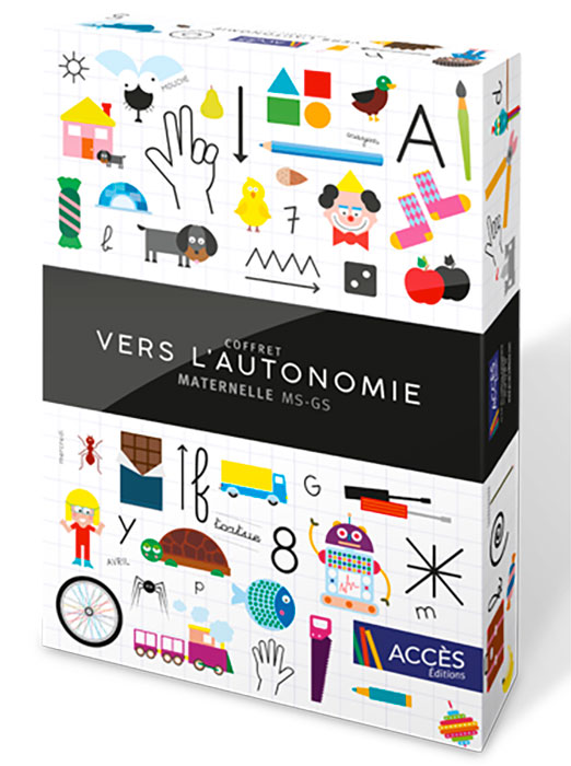 Coffret Vers l'Autonomie illustré par des dessins d'animaux, de personnages et d'objets diverses publié par ACCÈS Éditions.