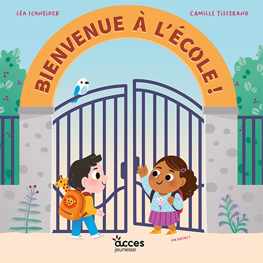 Couverture du livre jeunesse Bienvenue à l'école illustrée par deux enfants qui se saluent devant le portail de l'école.