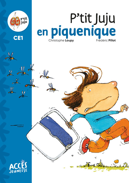 Couverture de P'tit Juju en piquenique illustrée par P'tit Juju poursuivit par des moustiques.