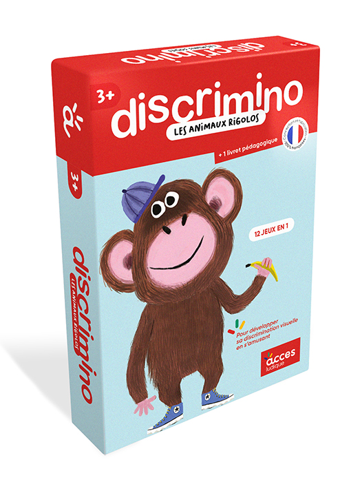 Visuel du coffret de matériel éducatif Accès ludique, Les animaux rigolos, illustré par un singe.